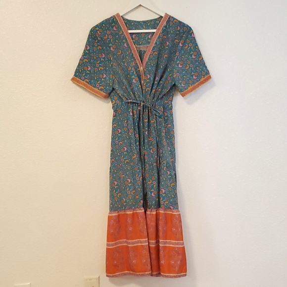 Boho Green Orange Yellow Floral Drawstring Waist Buttonfront Dress - Picture 2 of 6